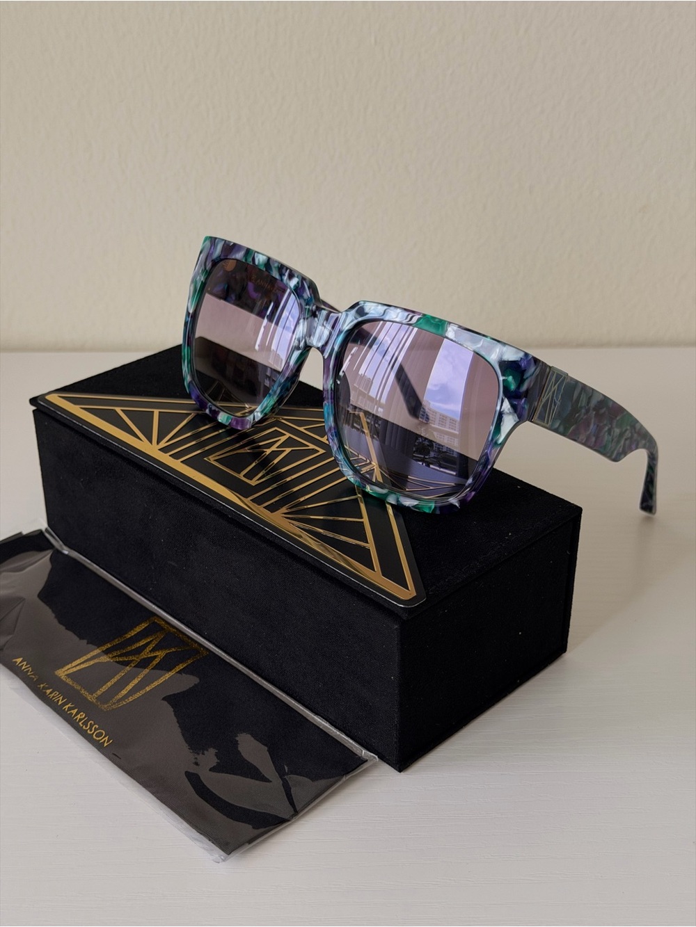 New ANNA KARIN KARLSSON Coco Stories Winter Blue/Green Marble Square Sunglasses